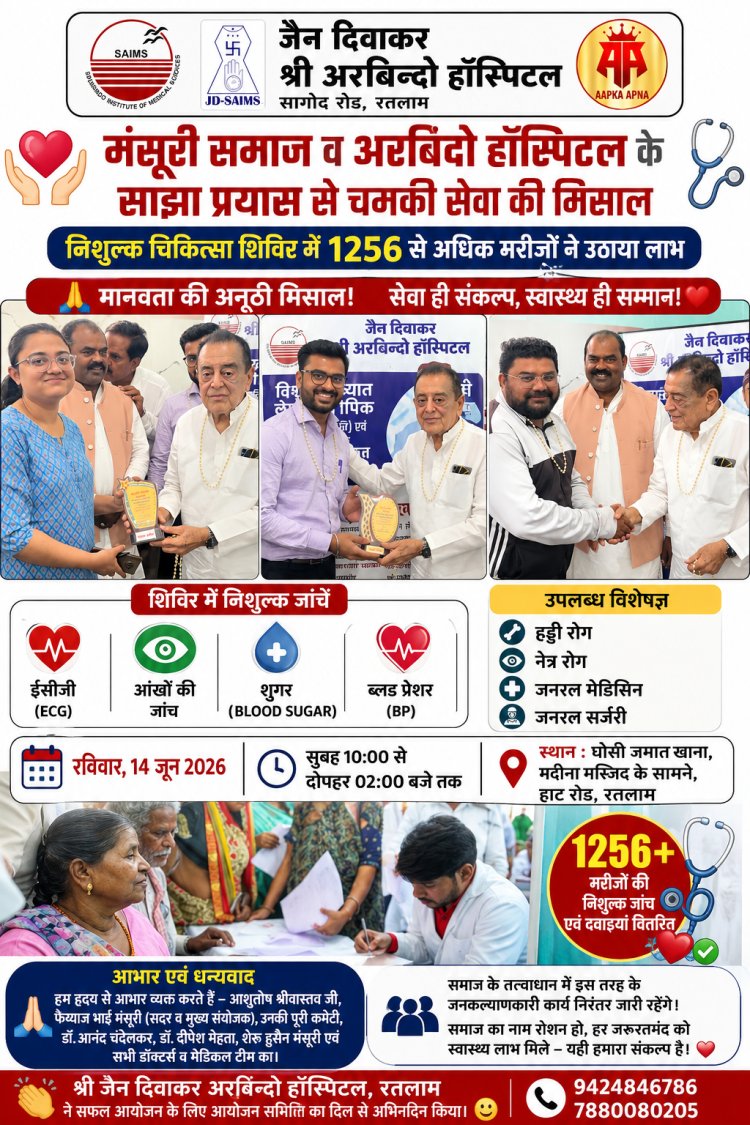 मंसूरी समाज व अरबिंदो हॉस्पिटल के साझा प्रयास से चमकी सेवा की मिसाल; निशुल्क चिकित्सा शिविर में 1256 से अधिक मरीजों ने उठाया लाभ....
