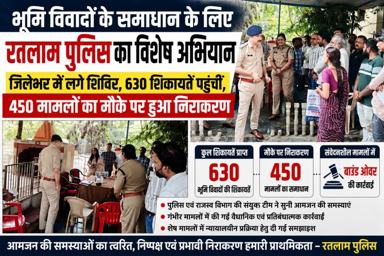 भूमि विवादों के समाधान के लिए रतलाम पुलिस का विशेष अभियान जिलेभर में लगे शिविर, 630 शिकायतें पहुंचीं, 450 मामलों का मौके पर हुआ निराकरण